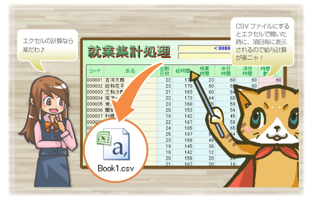 CSVファイルにするとエクセルで開いた時に、項目毎に表示されるので給与計算が楽ニャ！